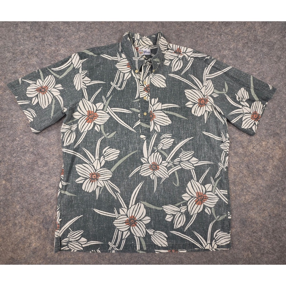 Reyn Spooner Hawaiian Shirt XL Grey Floral Button Down Short Sleeve Pullover